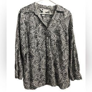 Vintage Linen long sleeve black white palm blouse button down sz 1x linen summer